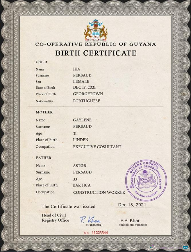 Download Guyana vital record birth certificate PSD template Photoshop template